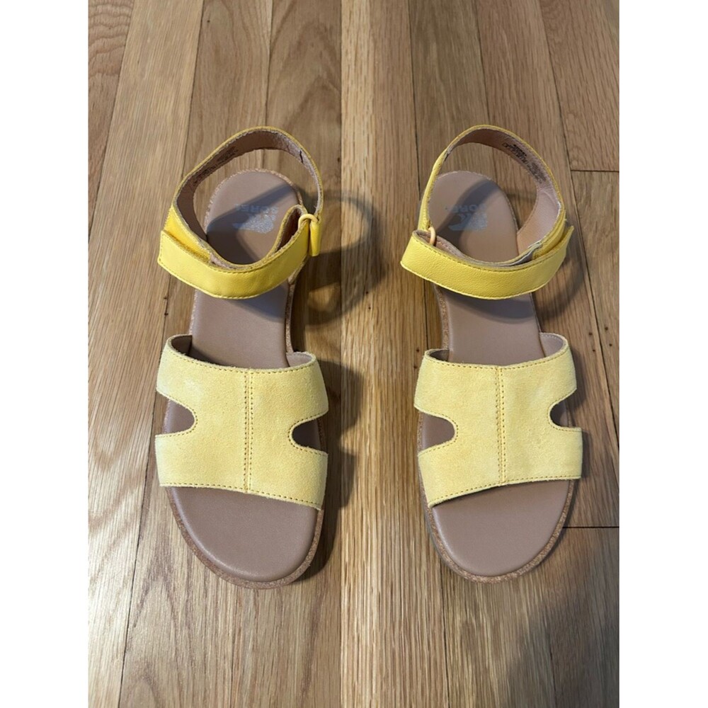 New Sorel Womens Ella III Ankle Strap Flat Leather Sandals Yellow Size 9